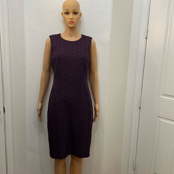 Calvin Klein Printed Sheath Dress, SZ 8 Scoop Neck Sleeveless Midi Gold Zipper - Picture 1 of 15